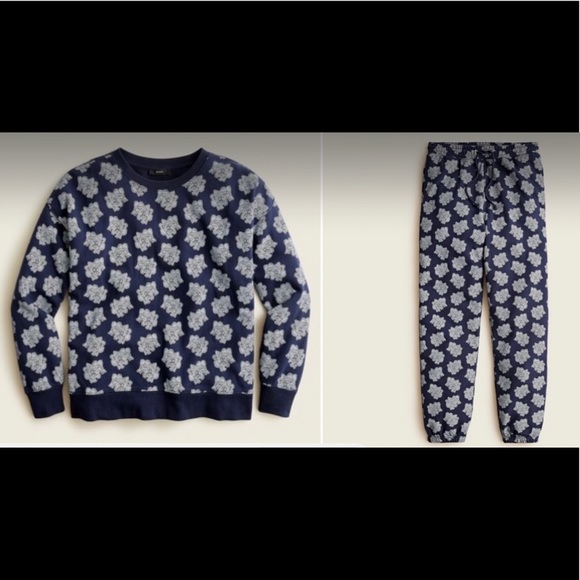 NWT J. Crew University Terry Paisley Crewneck Sweatshirt and Jogger SET - Picture 1 of 3